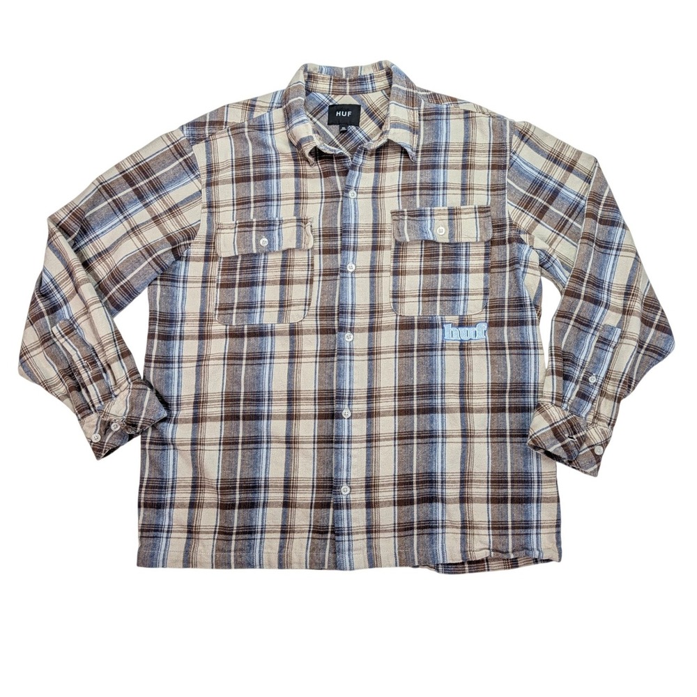HUF Worldwide Plaid Flannel Shirt Mens M Tan Brown Blue Cotton Button Up